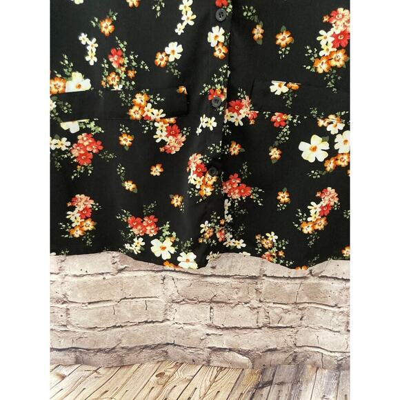 Cici Bird Shirt Womens Large Black Floral V Neck Short Sleeve Flowy Button Front - Picture 8 of 14